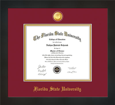 Image of Florida State University Diploma Frame - Flat Matte Black - w/24k Gold-Plated Medallion FSU Name Embossing - Garnet on Gold mats