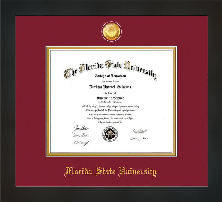 Image of Florida State University Diploma Frame - Flat Matte Black - w/24k Gold-Plated Medallion FSU Name Embossing - Garnet on Gold mats