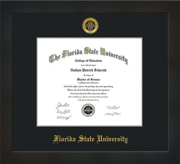 Image of Florida State University Diploma Frame - Flat Matte Black - w/Embossed FSU Seal & Name - Single Black mat