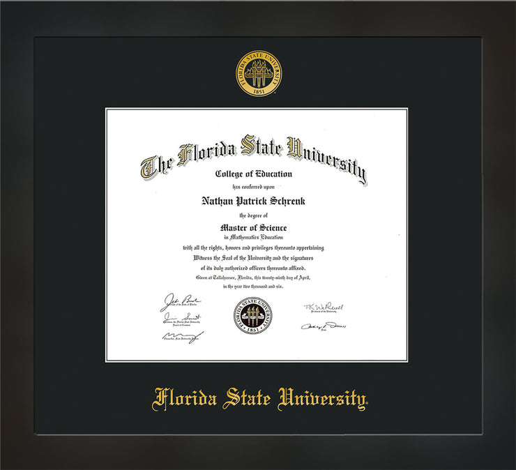 Image of Florida State University Diploma Frame - Flat Matte Black - w/Embossed FSU Seal & Name - Single Black mat