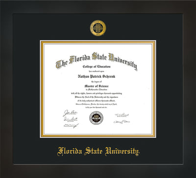 Image of Florida State University Diploma Frame - Flat Matte Black - w/Embossed FSU Seal & Name - Black on Gold mats