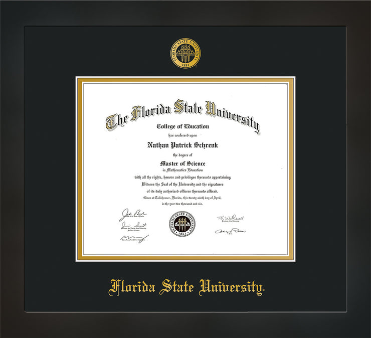 Image of Florida State University Diploma Frame - Flat Matte Black - w/Embossed FSU Seal & Name - Black on Gold mats