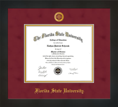 Image of Florida State University Diploma Frame - Flat Matte Black - w/Embossed FSU Seal & Name - Garnet Suede on Gold mats