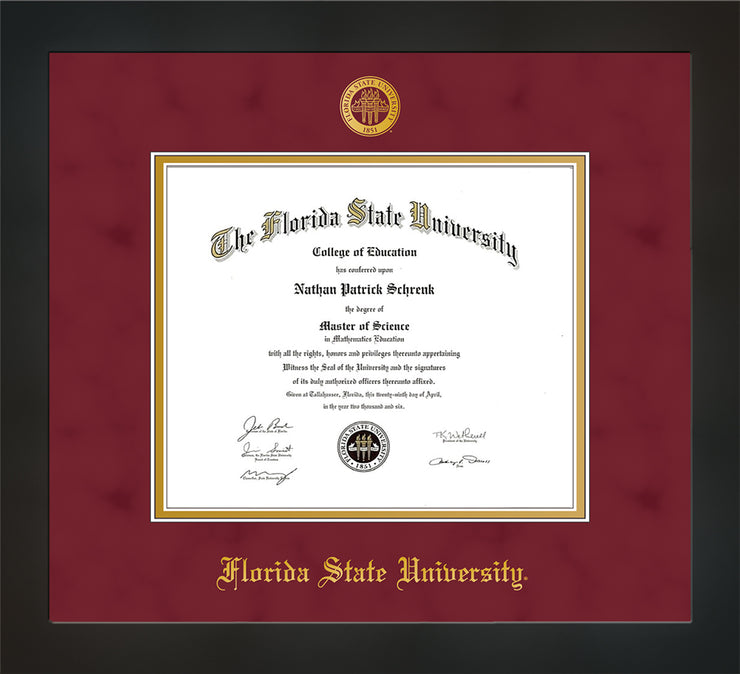 Image of Florida State University Diploma Frame - Flat Matte Black - w/Embossed FSU Seal & Name - Garnet Suede on Gold mats