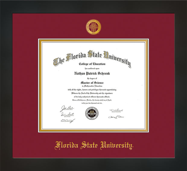 Image of Florida State University Diploma Frame - Flat Matte Black - w/Embossed FSU Seal & Name - Garnet on Gold mats