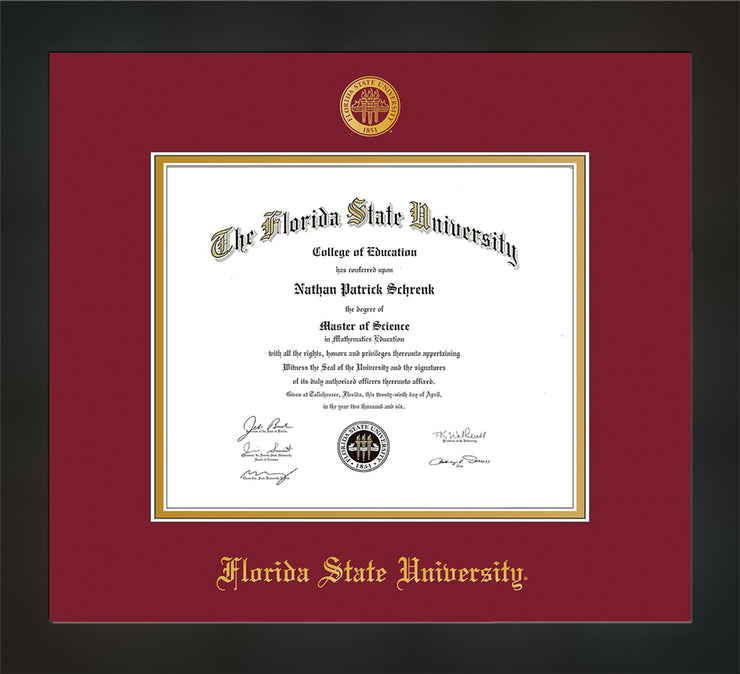 Image of Florida State University Diploma Frame - Flat Matte Black - w/Embossed FSU Seal & Name - Garnet on Gold mats