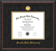 Image of Florida State University Diploma Frame - Mahogany Braid - w/24k Gold-Plated Medallion FSU Name Embossing - Black Suede on Gold mats