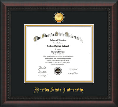 Image of Florida State University Diploma Frame - Mahogany Braid - w/24k Gold-Plated Medallion FSU Name Embossing - Black on Gold mats