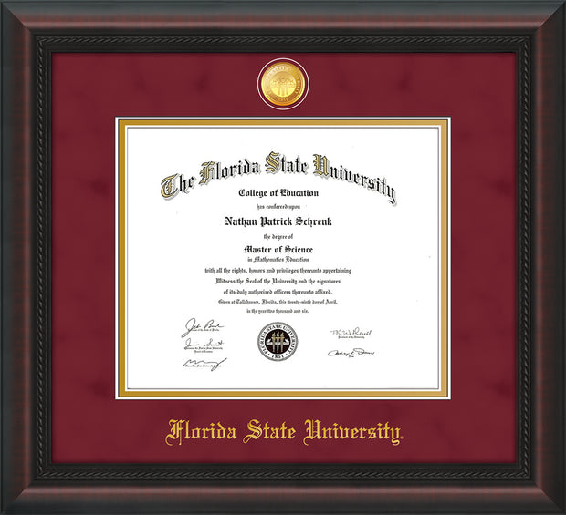 Image of Florida State University Diploma Frame - Mahogany Braid - w/24k Gold-Plated Medallion FSU Name Embossing - Garnet Suede on Gold mats
