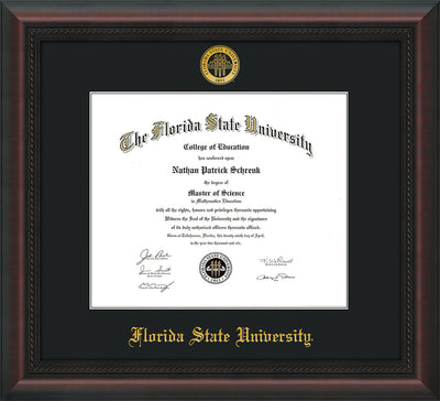 Image of Florida State University Diploma Frame - Mahogany Braid - w/Embossed FSU Seal & Name - Single Black mat