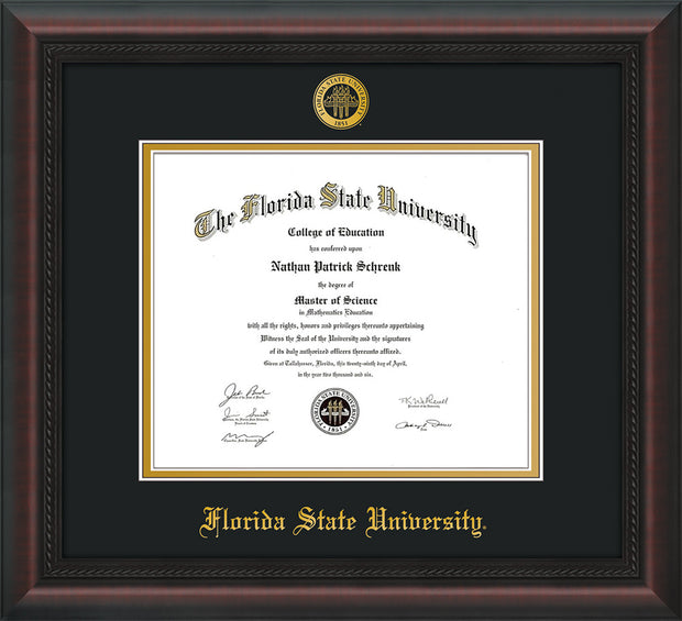 Image of Florida State University Diploma Frame - Mahogany Braid - w/Embossed FSU Seal & Name - Black on Gold mats