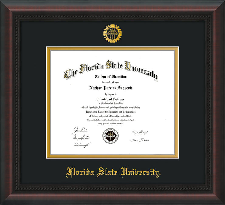 Image of Florida State University Diploma Frame - Mahogany Braid - w/Embossed FSU Seal & Name - Black on Gold mats