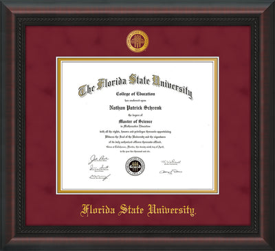 Image of Florida State University Diploma Frame - Mahogany Braid - w/Embossed FSU Seal & Name - Garnet Suede on Gold mats
