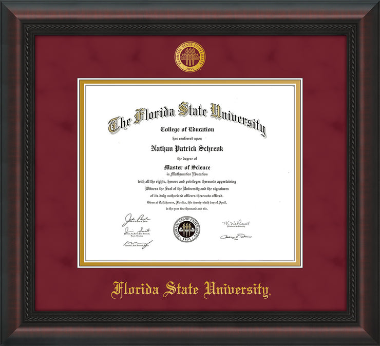 Image of Florida State University Diploma Frame - Mahogany Braid - w/Embossed FSU Seal & Name - Garnet Suede on Gold mats