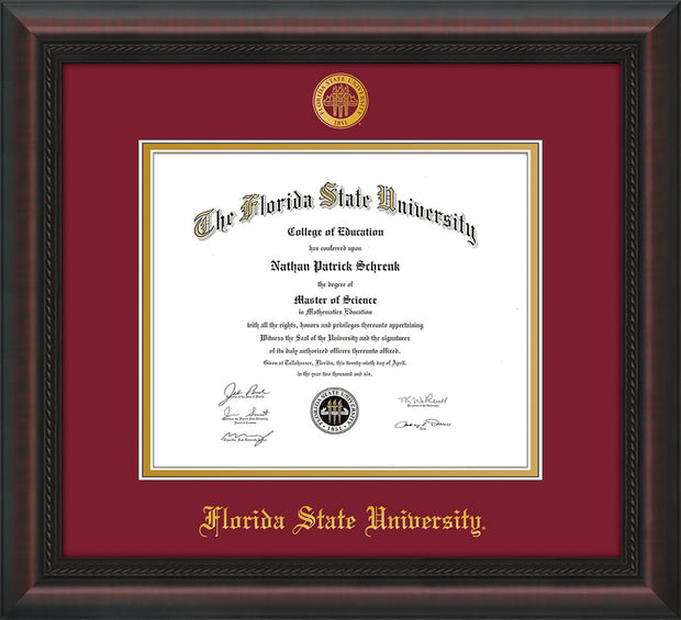 Image of Florida State University Diploma Frame - Mahogany Braid - w/Embossed FSU Seal & Name - Garnet on Gold mats