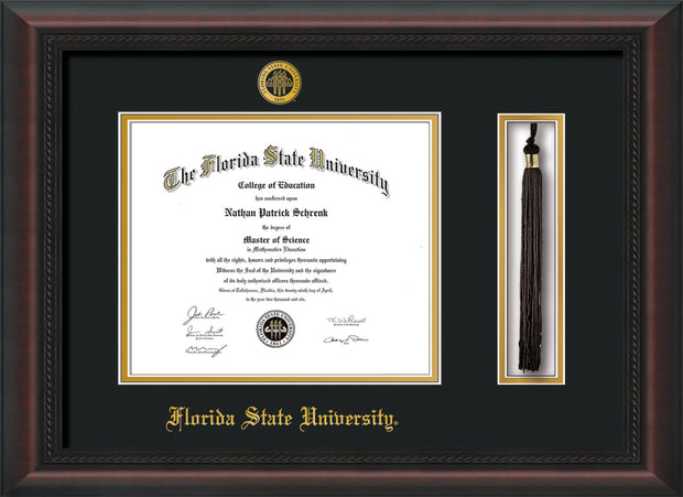 Image of Florida State University Diploma Frame - Mahogany Braid - w/Embossed FSU Seal & Name - Tassel Holder - Black on Gold mats