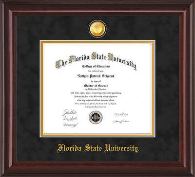 Image of Florida State University Diploma Frame - Mahogany Lacquer - w/24k Gold-Plated Medallion FSU Name Embossing - Black Suede on Gold mats