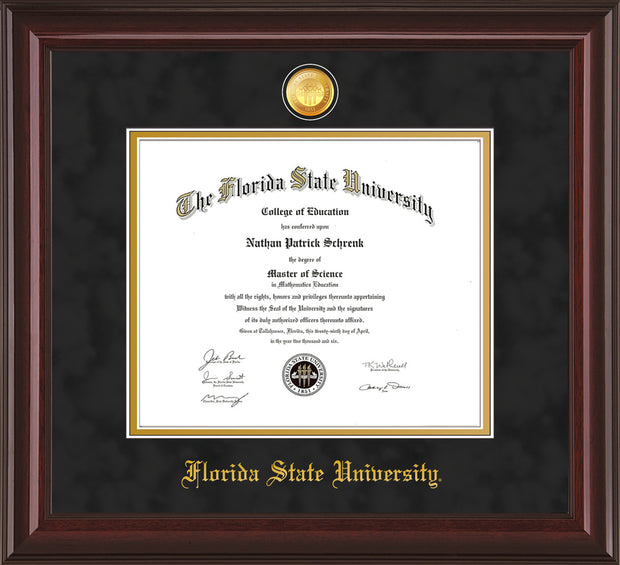 Image of Florida State University Diploma Frame - Mahogany Lacquer - w/24k Gold-Plated Medallion FSU Name Embossing - Black Suede on Gold mats