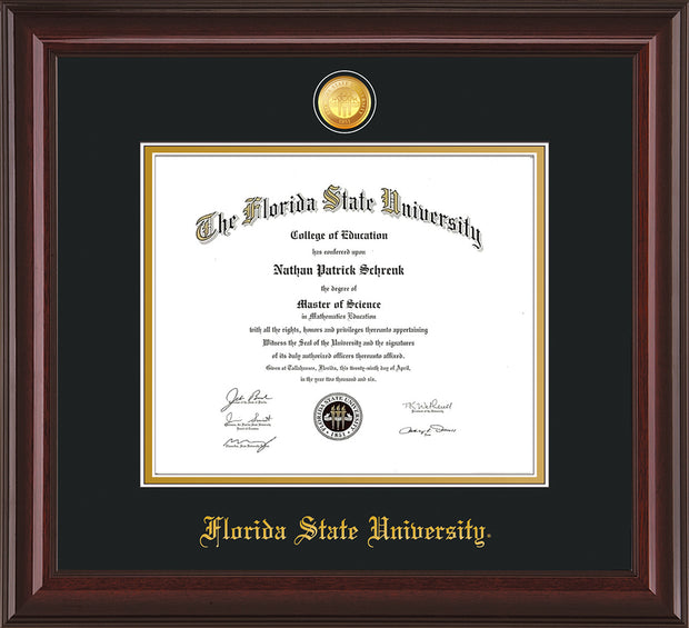 Image of Florida State University Diploma Frame - Mahogany Lacquer - w/24k Gold-Plated Medallion FSU Name Embossing - Black on Gold mats