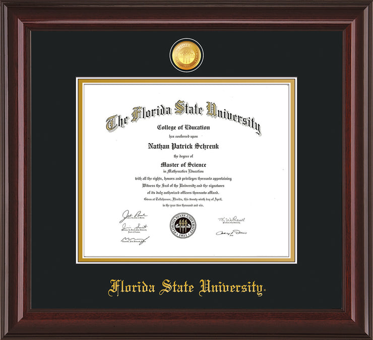 Image of Florida State University Diploma Frame - Mahogany Lacquer - w/24k Gold-Plated Medallion FSU Name Embossing - Black on Gold mats