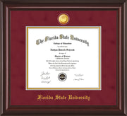 Image of Florida State University Diploma Frame - Mahogany Lacquer - w/24k Gold-Plated Medallion FSU Name Embossing - Garnet Suede on Gold mats