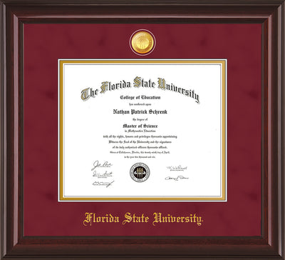 Image of Florida State University Diploma Frame - Mahogany Lacquer - w/24k Gold-Plated Medallion FSU Name Embossing - Garnet Suede on Gold mats