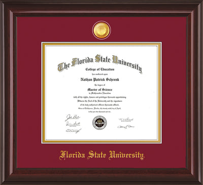 Image of Florida State University Diploma Frame - Mahogany Lacquer - w/24k Gold-Plated Medallion FSU Name Embossing - Garnet on Gold mats