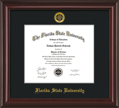 Image of Florida State University Diploma Frame - Mahogany Lacquer - w/Embossed FSU Seal & Name - Single Black mat