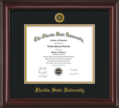 Image of Florida State University Diploma Frame - Mahogany Lacquer - w/Embossed FSU Seal & Name - Black on Gold mats