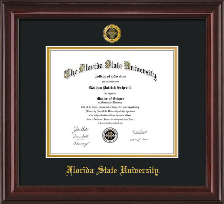 Image of Florida State University Diploma Frame - Mahogany Lacquer - w/Embossed FSU Seal & Name - Black on Gold mats