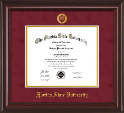 Image of Florida State University Diploma Frame - Mahogany Lacquer - w/Embossed FSU Seal & Name - Garnet Suede on Gold mats