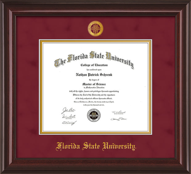 Image of Florida State University Diploma Frame - Mahogany Lacquer - w/Embossed FSU Seal & Name - Garnet Suede on Gold mats