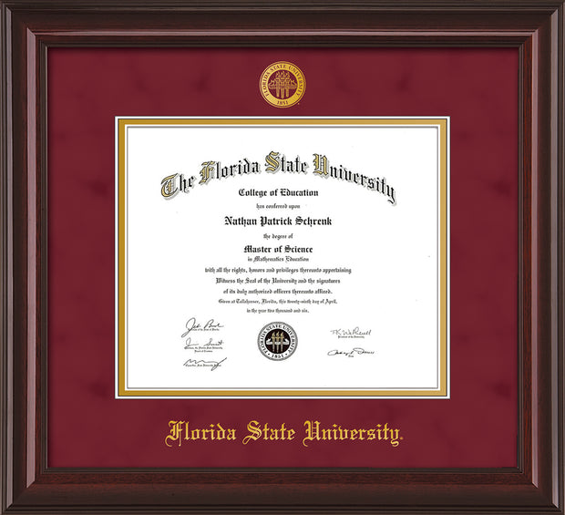 Image of Florida State University Diploma Frame - Mahogany Lacquer - w/Embossed FSU Seal & Name - Garnet Suede on Gold mats