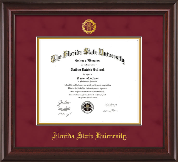 Image of Florida State University Diploma Frame - Mahogany Lacquer - w/Embossed FSU Seal & Name - Garnet Suede on Gold mats