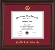 Image of Florida State University Diploma Frame - Mahogany Lacquer - w/Embossed FSU Seal & Name - Garnet on Gold mats