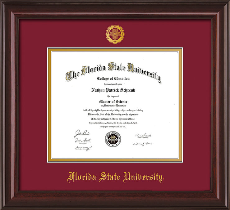 Image of Florida State University Diploma Frame - Mahogany Lacquer - w/Embossed FSU Seal & Name - Garnet on Gold mats