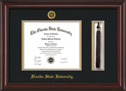 Image of Florida State University Diploma Frame - Mahogany Lacquer - w/Embossed FSU Seal & Name - Tassel Holder - Black on Gold mats