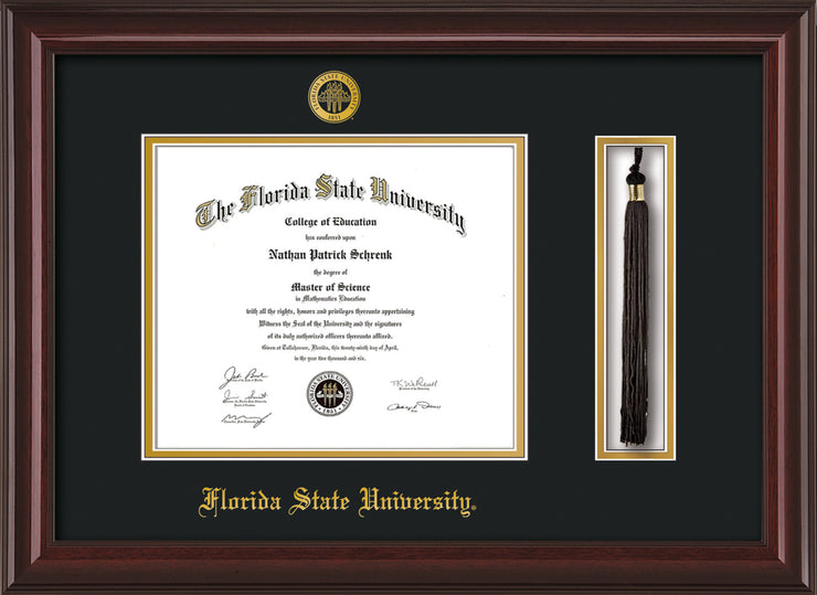 Image of Florida State University Diploma Frame - Mahogany Lacquer - w/Embossed FSU Seal & Name - Tassel Holder - Black on Gold mats