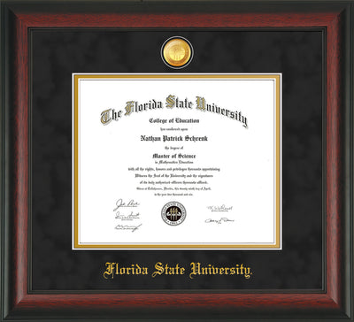 Image of Florida State University Diploma Frame - Rosewood - w/24k Gold-Plated Medallion FSU Name Embossing - Black Suede on Gold mats