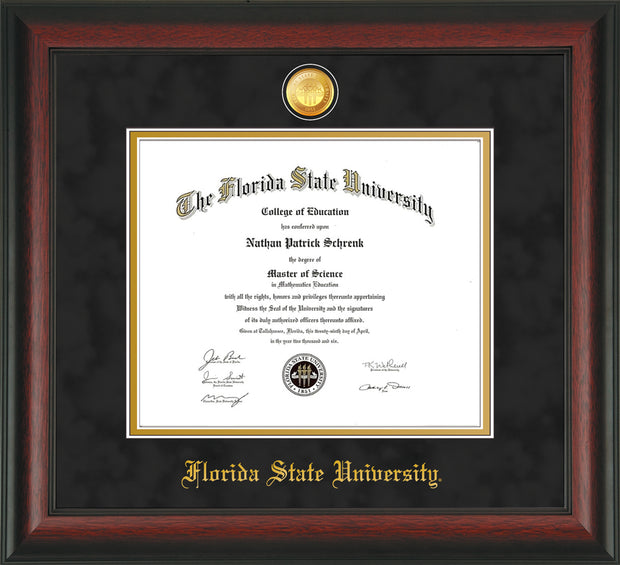 Image of Florida State University Diploma Frame - Rosewood - w/24k Gold-Plated Medallion FSU Name Embossing - Black Suede on Gold mats
