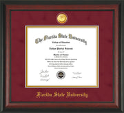 Image of Florida State University Diploma Frame - Rosewood - w/24k Gold-Plated Medallion FSU Name Embossing - Garnet Suede on Gold mats