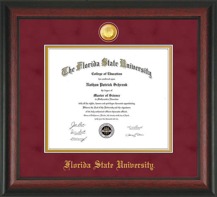 Image of Florida State University Diploma Frame - Rosewood - w/24k Gold-Plated Medallion FSU Name Embossing - Garnet Suede on Gold mats