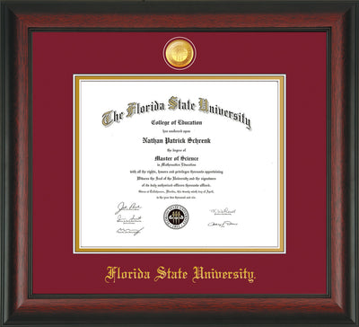 Image of Florida State University Diploma Frame - Mahogany Lacquer - w/24k Gold-Plated Medallion FSU Name Embossing - Garnet on Gold mats