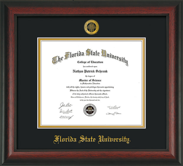 Image of Florida State University Diploma Frame - Rosewood - w/Embossed FSU Seal & Name - Black on Gold mats