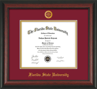 Image of Florida State University Diploma Frame - Rosewood - w/Embossed FSU Seal & Name - Garnet on Gold mats