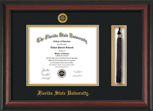 Image of Florida State University Diploma Frame - Rosewood - w/Embossed FSU Seal & Name - Tassel Holder - Black on Gold mats