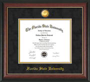 Image of Florida State University Diploma Frame - Rosewood w/Gold Lip - w/24k Gold-Plated Medallion FSU Name Embossing - Black Suede on Gold mats