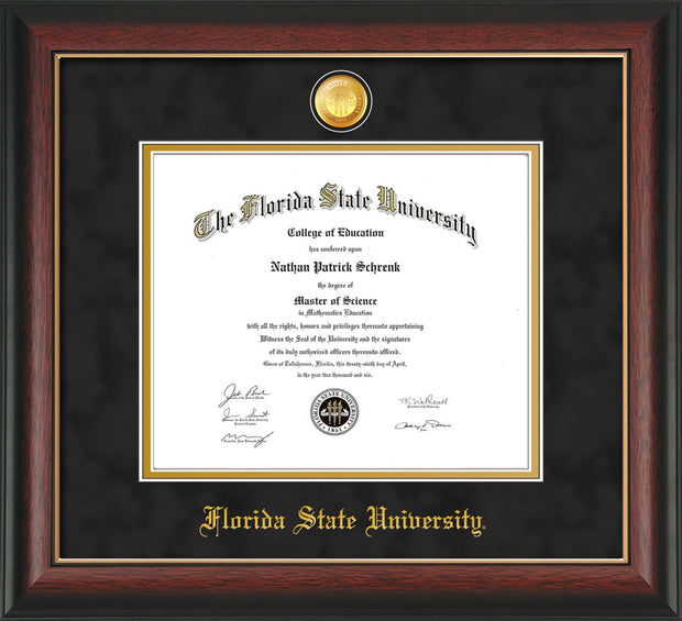 Image of Florida State University Diploma Frame - Rosewood w/Gold Lip - w/24k Gold-Plated Medallion FSU Name Embossing - Black Suede on Gold mats