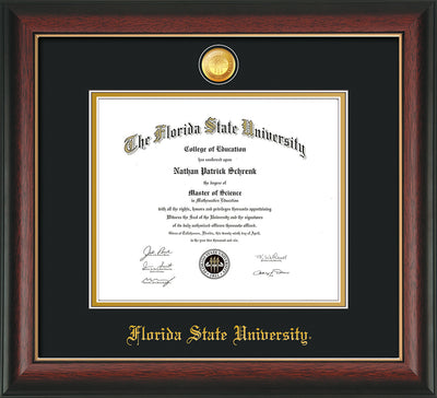 Image of Florida State University Diploma Frame - Rosewood w/Gold Lip - w/24k Gold-Plated Medallion FSU Name Embossing - Black on Gold mats