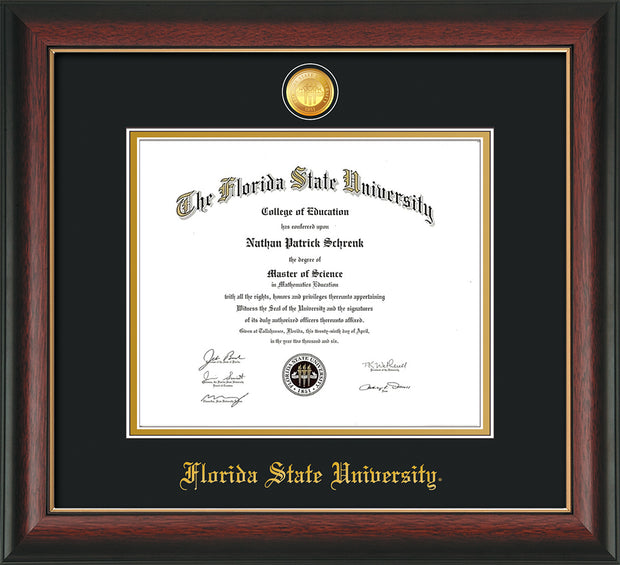 Image of Florida State University Diploma Frame - Rosewood w/Gold Lip - w/24k Gold-Plated Medallion FSU Name Embossing - Black on Gold mats